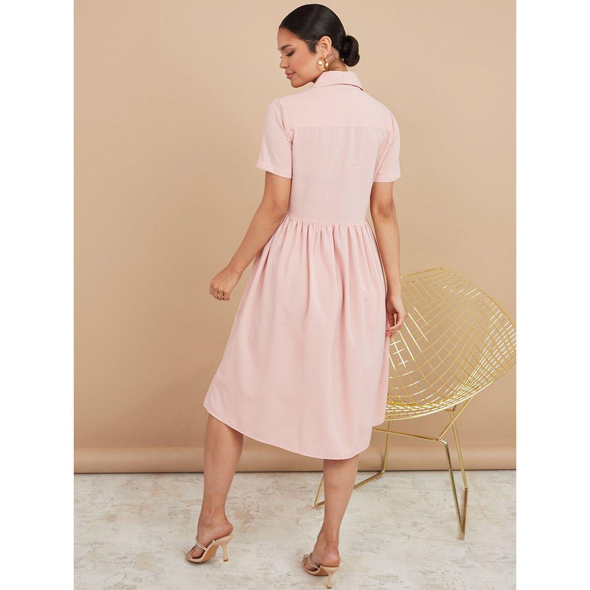 Styli Short Sleeves Spot Pattern Shirt Midi Dress with Buttons-women-clothing-dresses-image-5