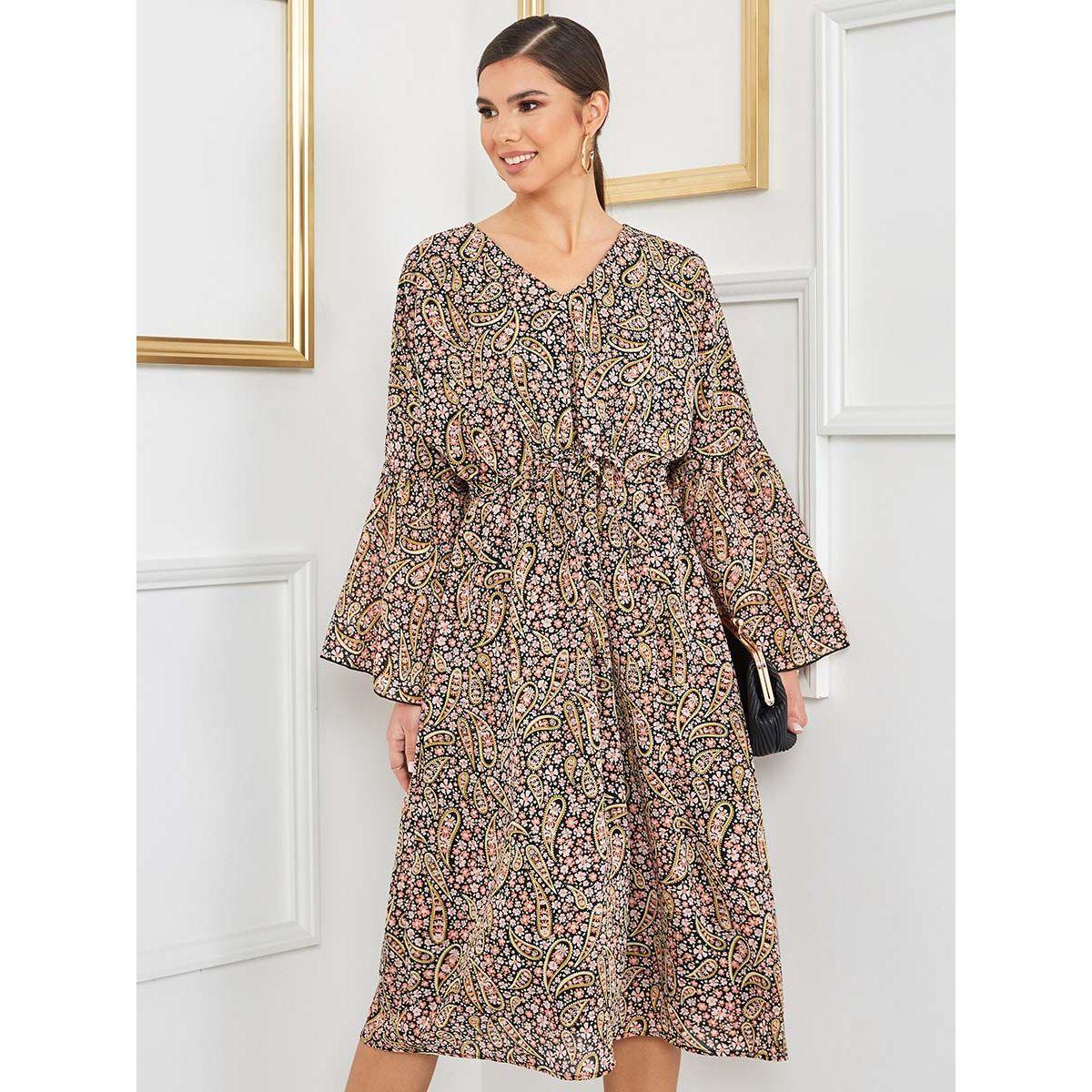 Styli Long Bell Sleeves Paisley Print A-Line Midi Dress-women-clothing-dresses-image-1