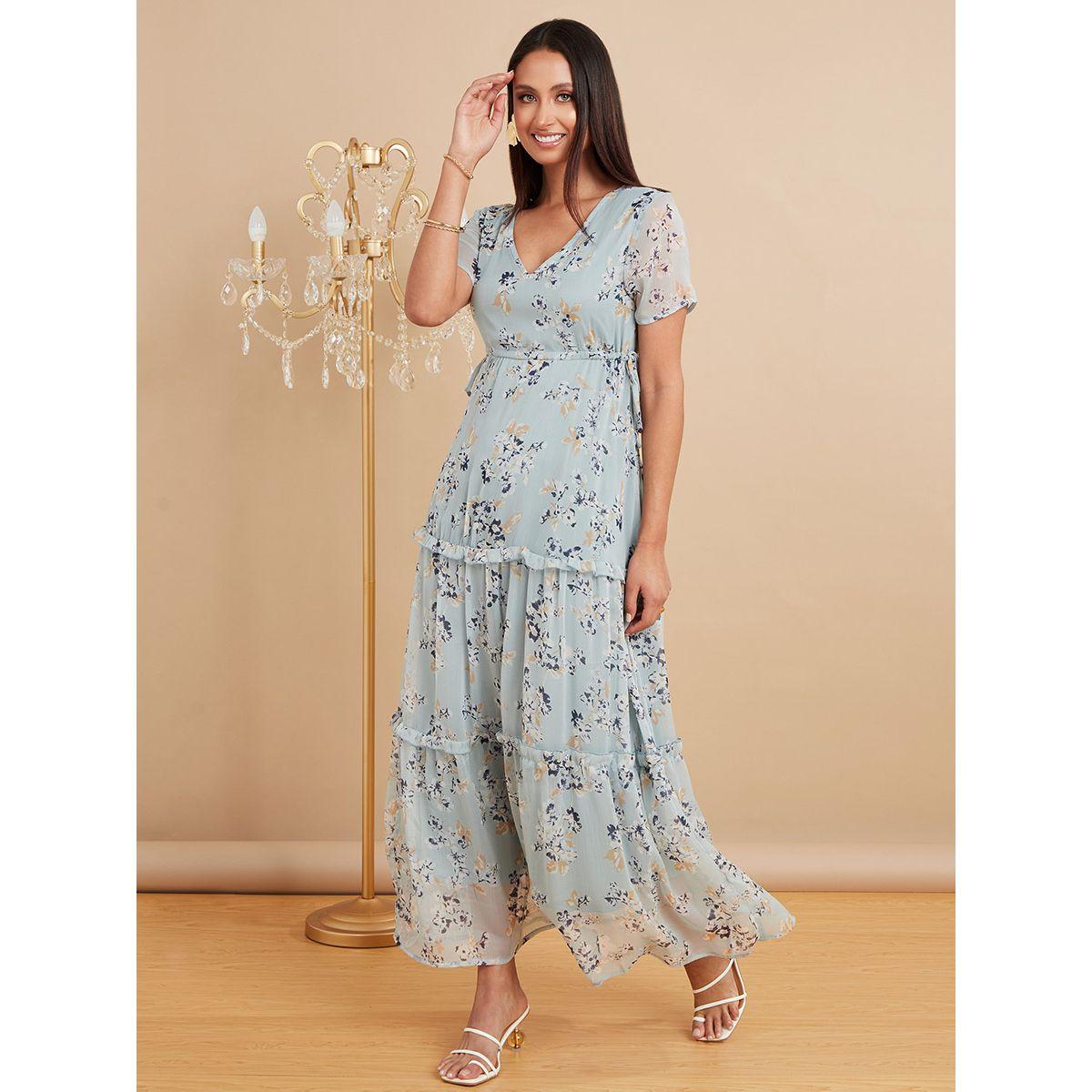 Styli Short Sleeves V Neck Waist Gathered Maxi Dress-women-clothing-dresses-image-1