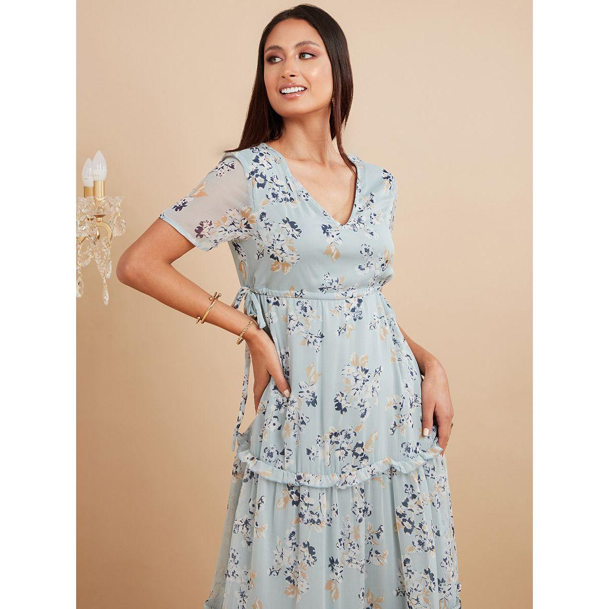 Styli Short Sleeves V Neck Waist Gathered Maxi Dress-women-clothing-dresses-image-2