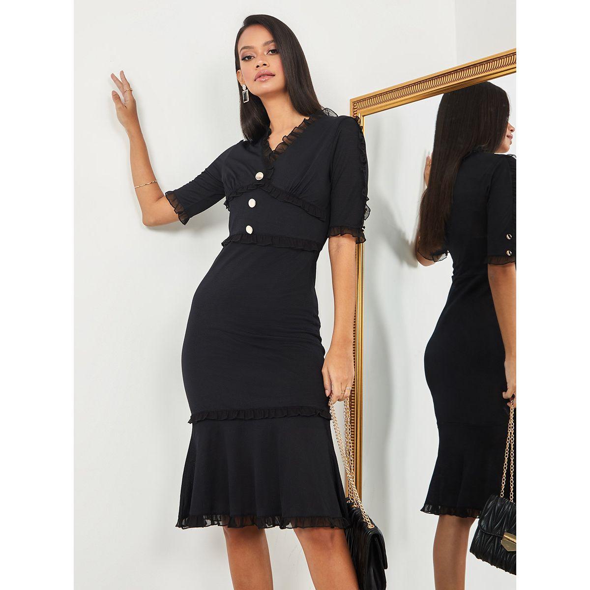 Styli Short Sleeves V Neck Ruffle Detail A-Line Midi Dress-women-clothing-dresses-image-2