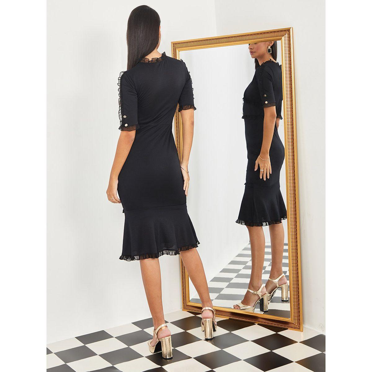 Styli Short Sleeves V Neck Ruffle Detail A-Line Midi Dress-women-clothing-dresses-image-4