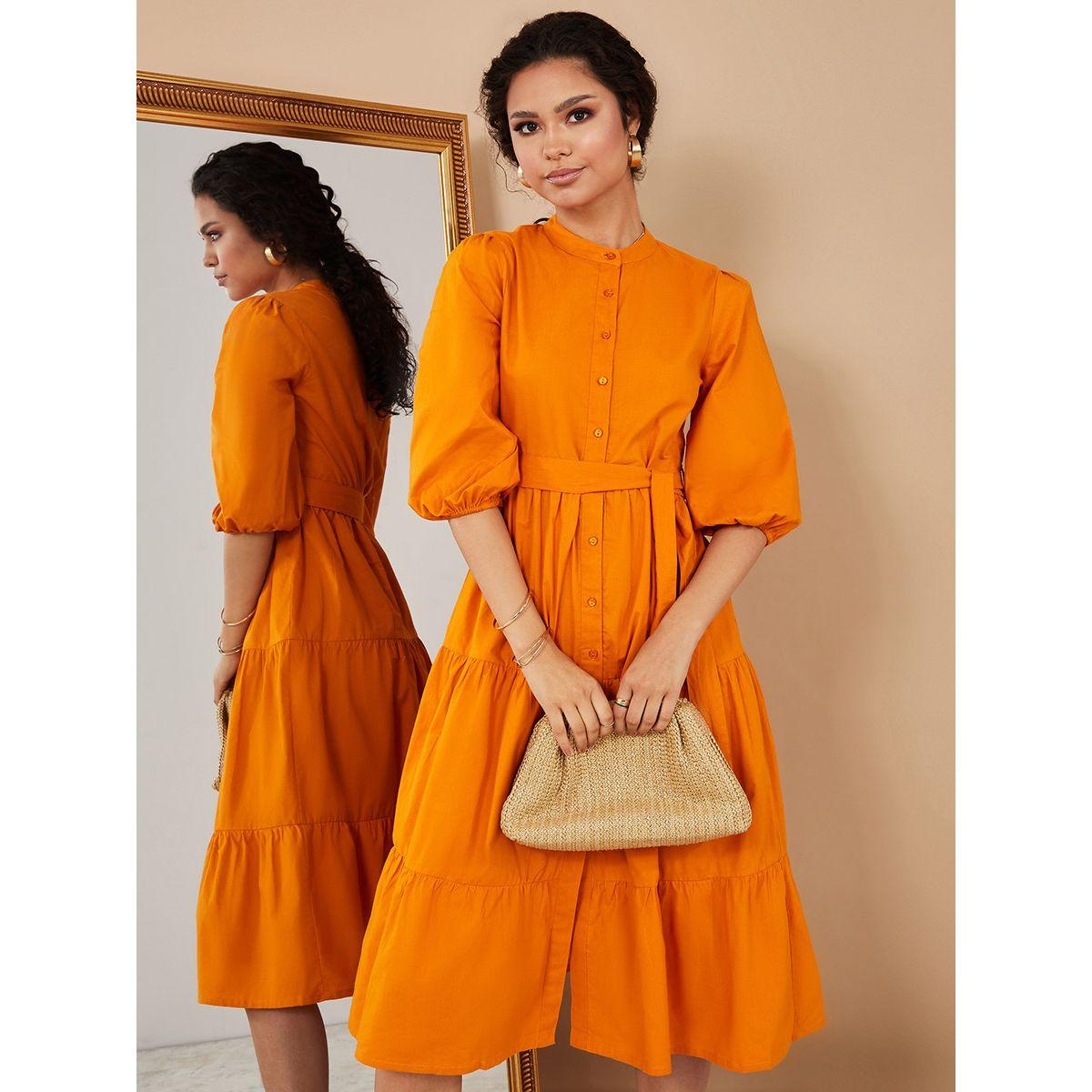 Styli 3/4 Cuffed Sleeves Tiered Shirt Midi Dress with Tie Belt-women-clothing-dresses-image-1