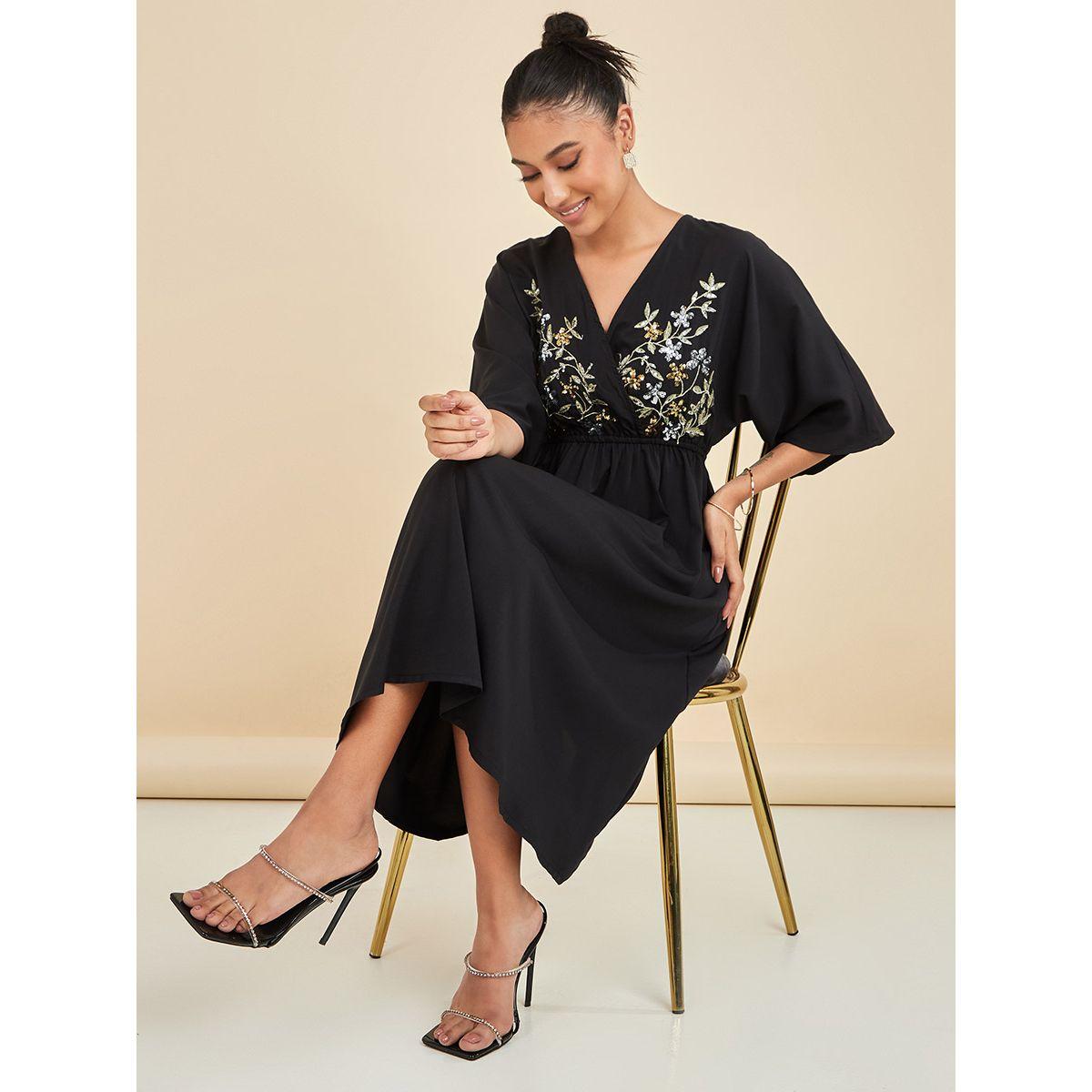 Styli 3/4 Sleeves Embroidered Sequin Detail A-Line Midi Dress-women-clothing-dresses-image-1