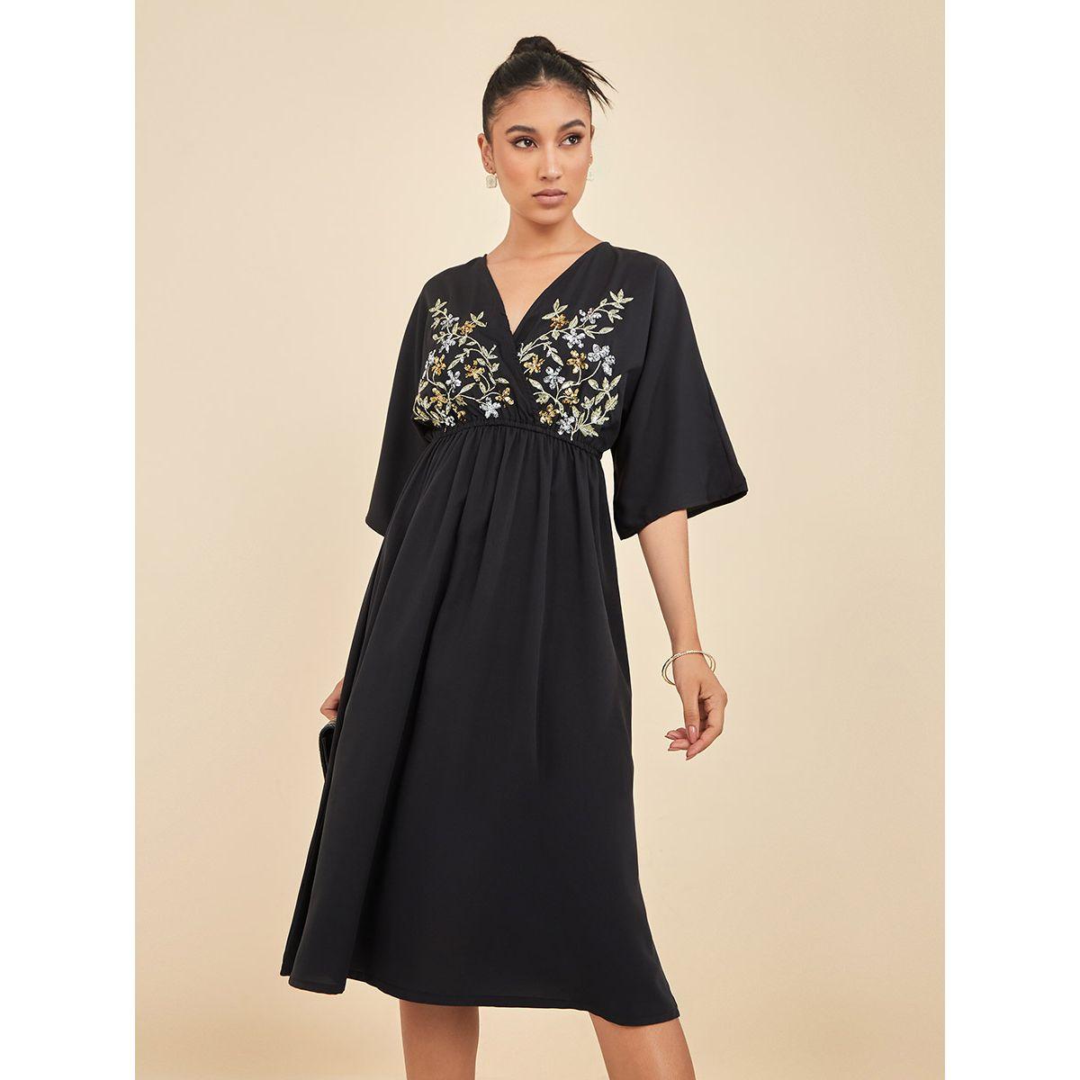 Styli 3/4 Sleeves Embroidered Sequin Detail A-Line Midi Dress-women-clothing-dresses-image-2