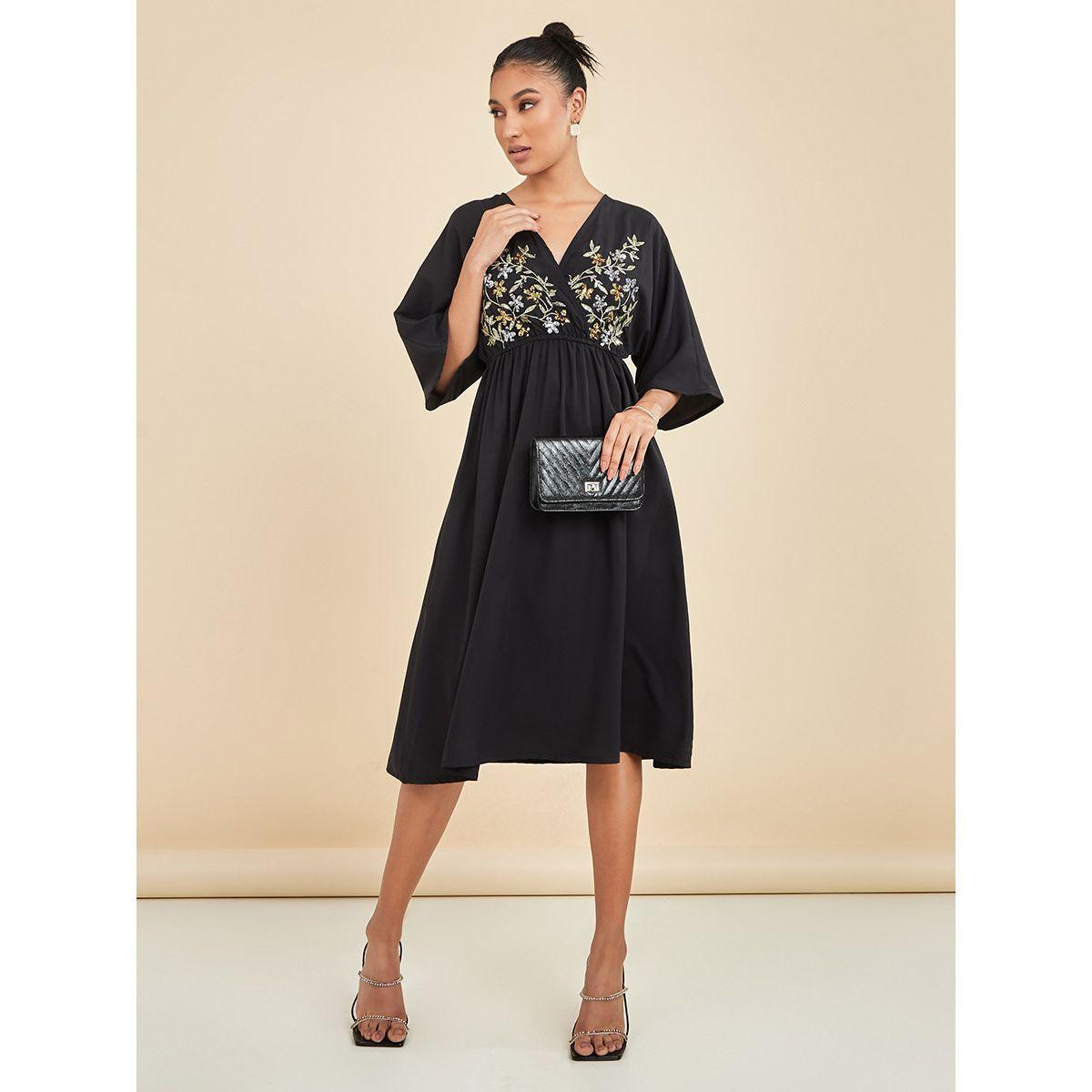 Styli 3/4 Sleeves Embroidered Sequin Detail A-Line Midi Dress-women-clothing-dresses-image-3