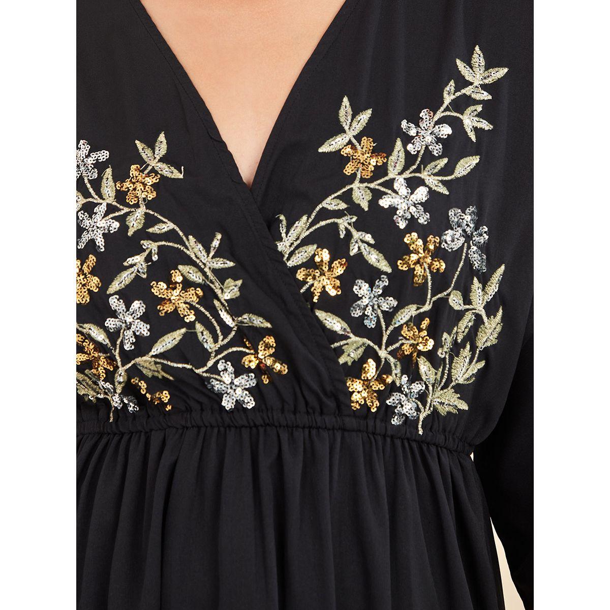 Styli 3/4 Sleeves Embroidered Sequin Detail A-Line Midi Dress-women-clothing-dresses-image-4