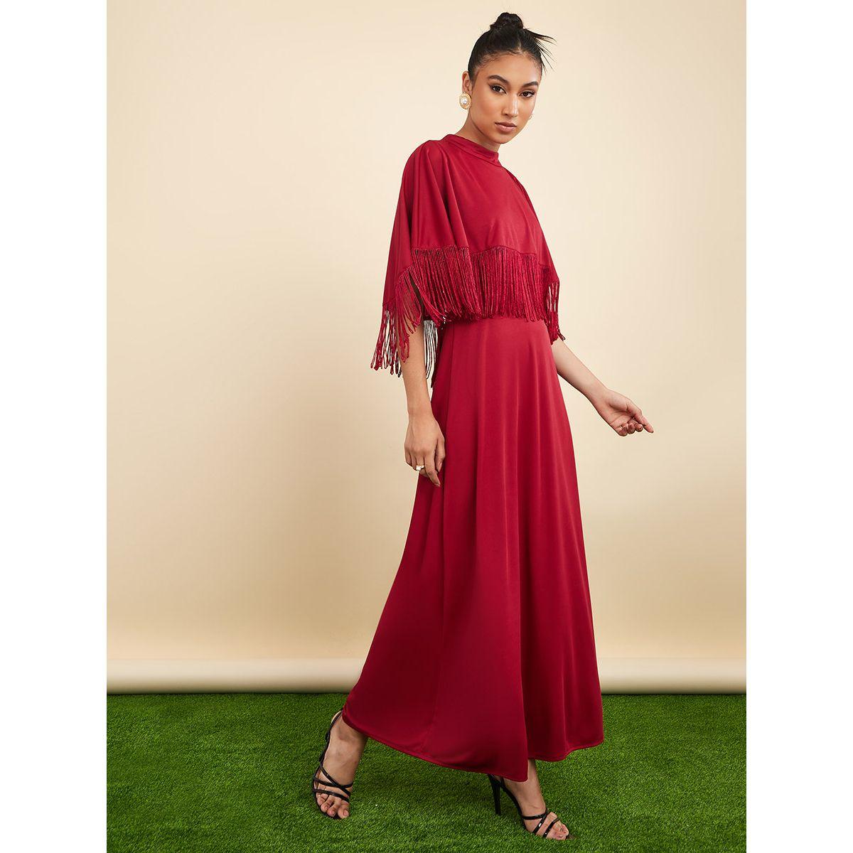 Styli Cape Style Sleeves Fringe Detail A-Line Maxi Dress-women-clothing-dresses-image-1