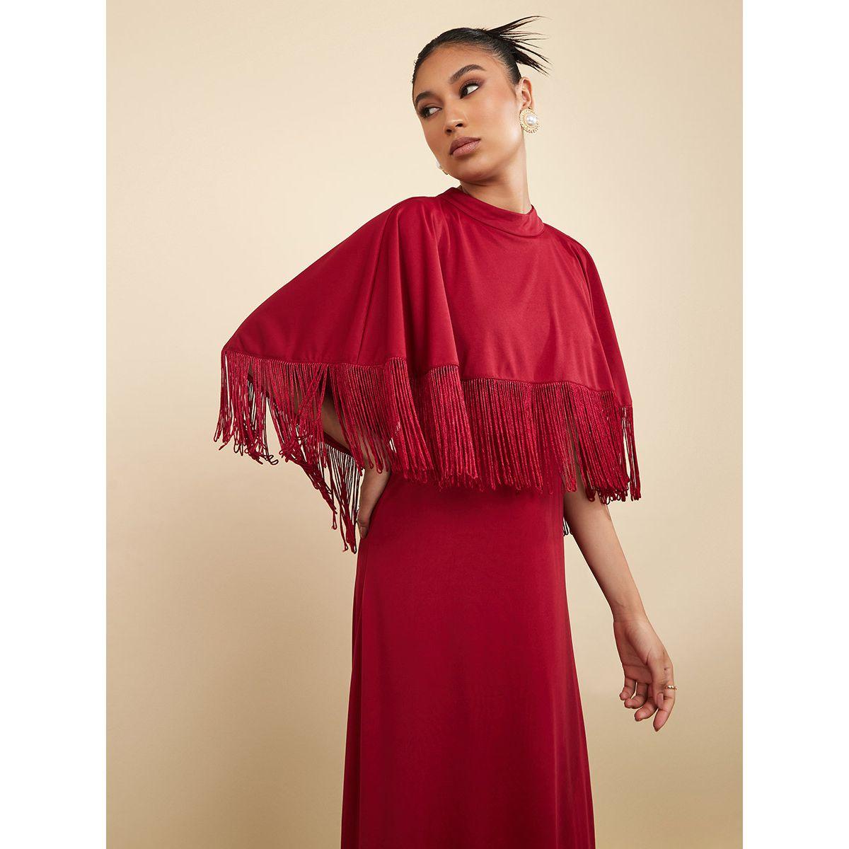 Styli Cape Style Sleeves Fringe Detail A-Line Maxi Dress-women-clothing-dresses-image-2