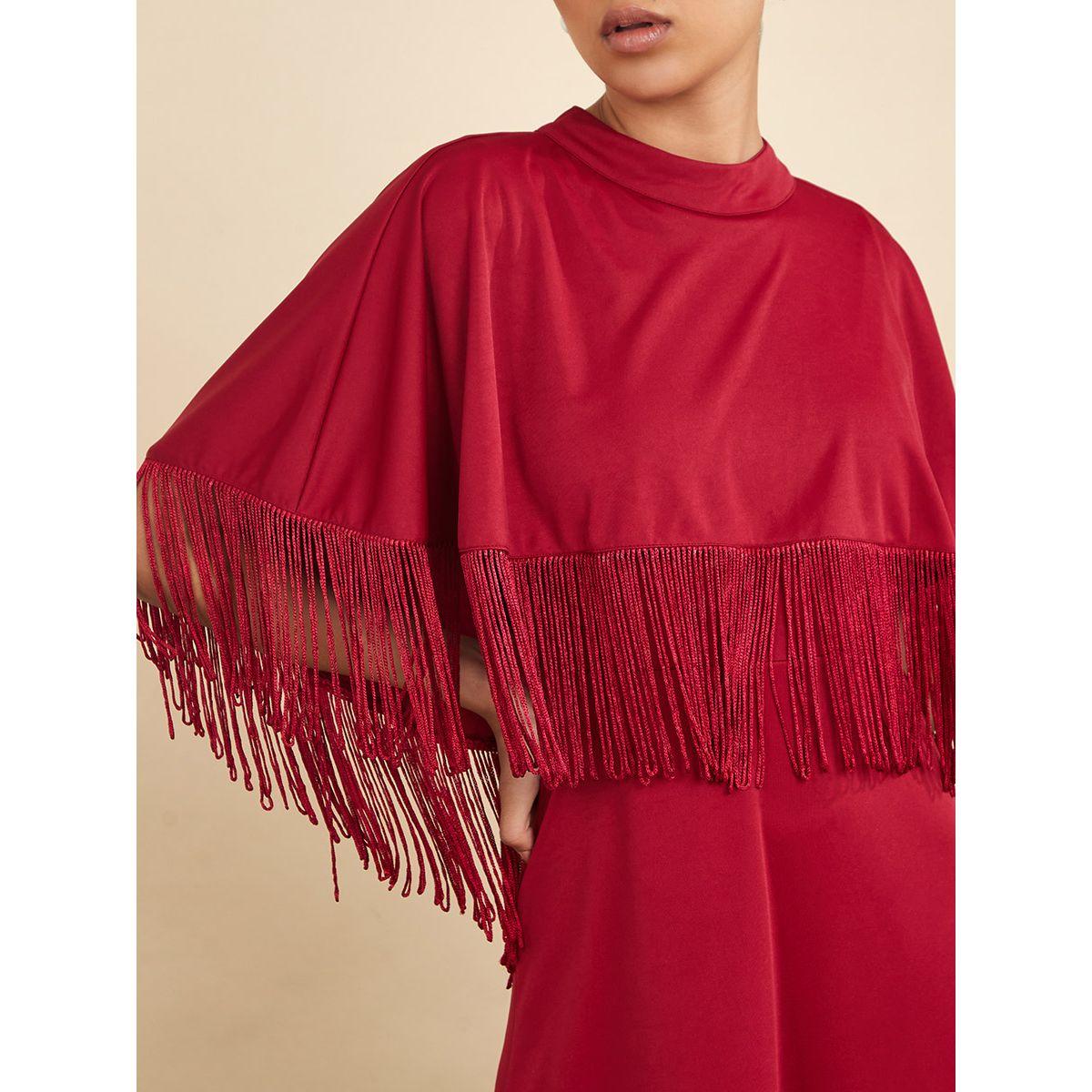 Styli Cape Style Sleeves Fringe Detail A-Line Maxi Dress-women-clothing-dresses-image-3