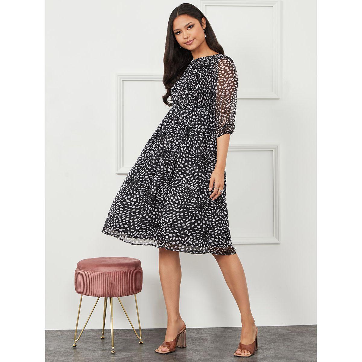 Styli 3/4 Sleeves Spot Print Smocked Midi Dress-women-clothing-dresses-image-1