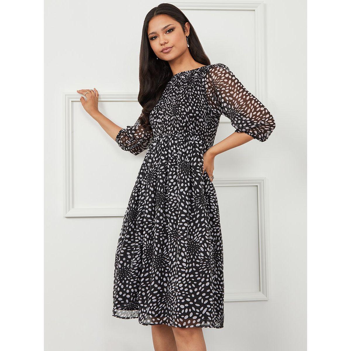Styli 3/4 Sleeves Spot Print Smocked Midi Dress-women-clothing-dresses-image-2