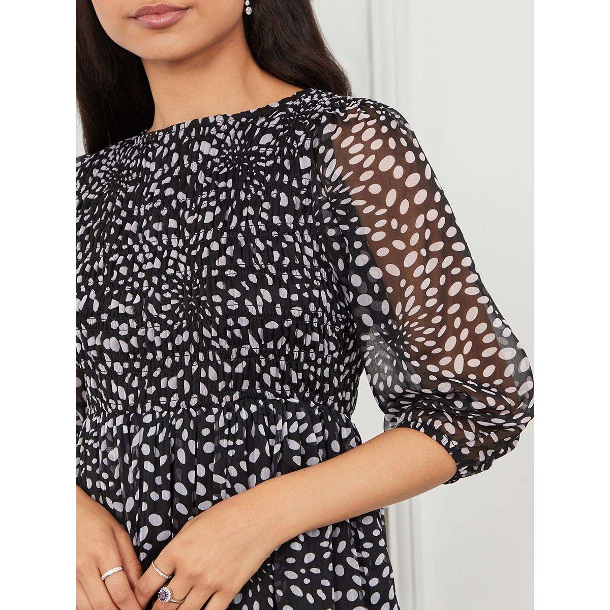 Styli 3/4 Sleeves Spot Print Smocked Midi Dress-women-clothing-dresses-image-3