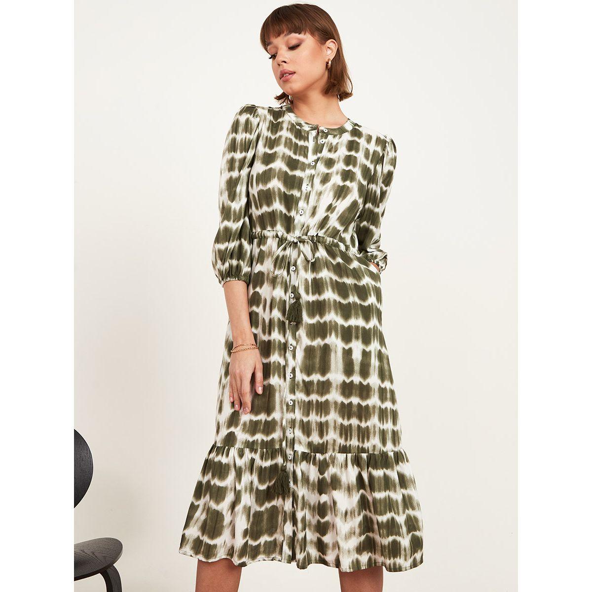 Styli 3/4 Sleeves Tie and Dye A-Line Midi Dress with Drawstring-women-clothing-dresses-image-1