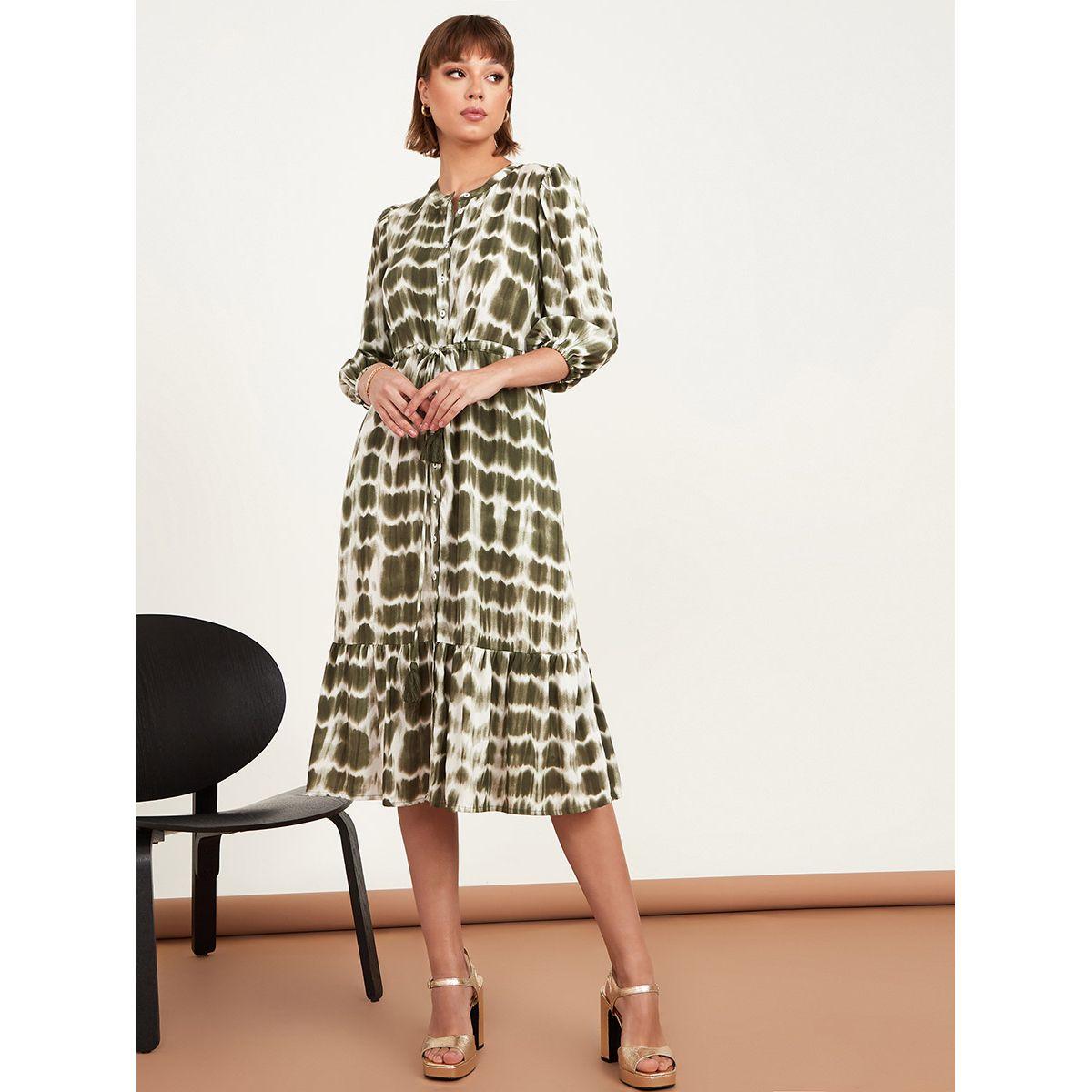 Styli 3/4 Sleeves Tie and Dye A-Line Midi Dress with Drawstring-women-clothing-dresses-image-2