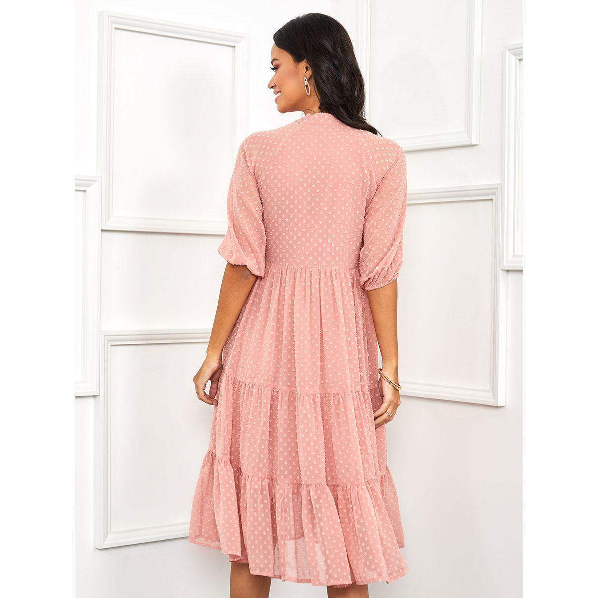 Styli 3/4 Sleeves Dobby Tiered Midi Dress-women-clothing-dresses-image-4