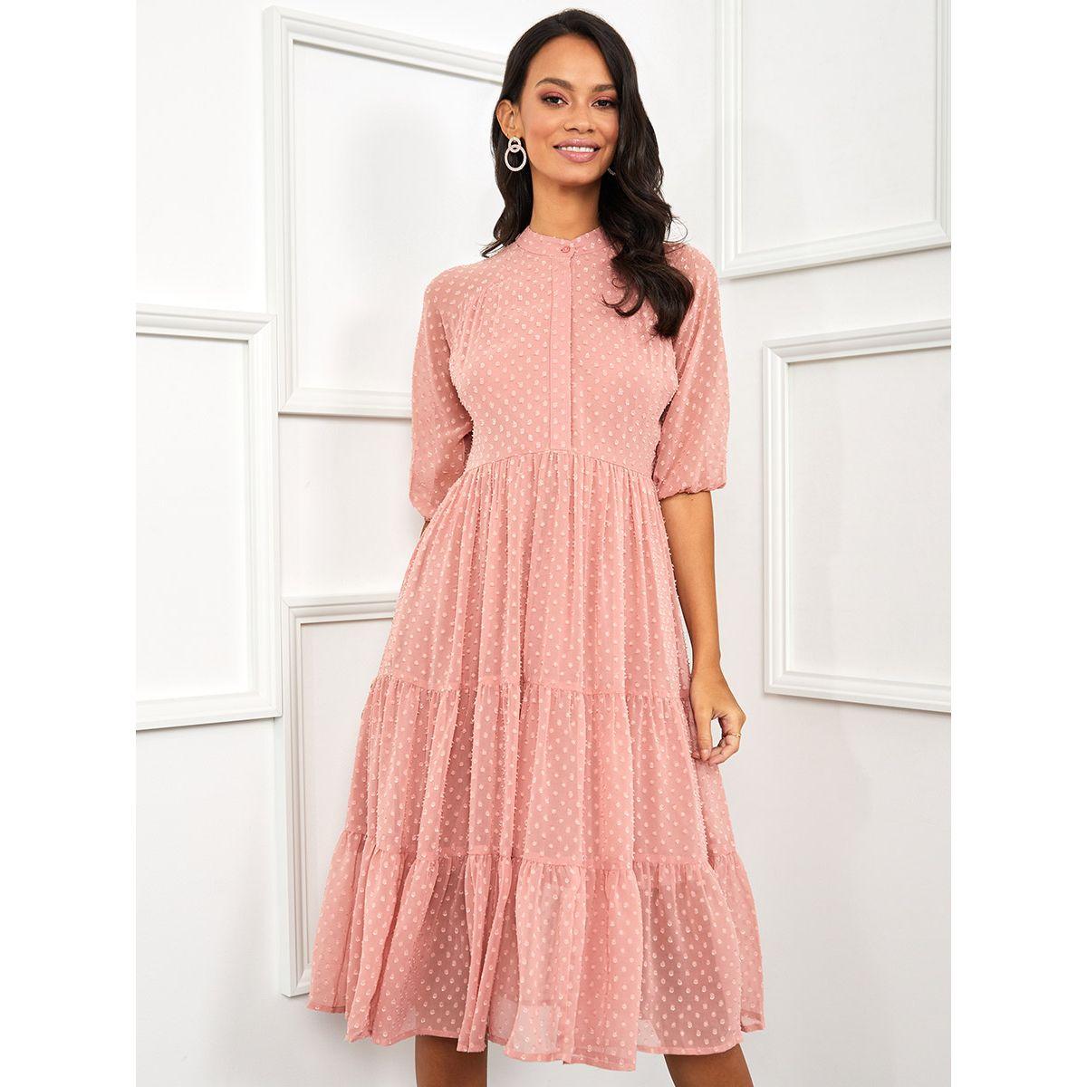Styli 3/4 Sleeves Dobby Tiered Midi Dress-women-clothing-dresses-image-5