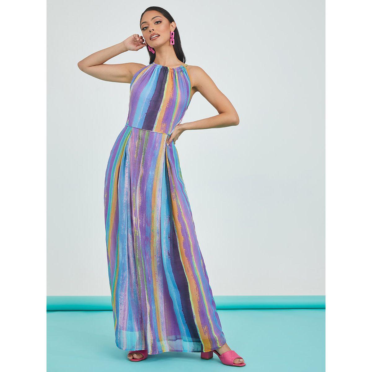 Styli Halter Neck Multi Striped A-Line Maxi Dress-women-clothing-dresses-image-1