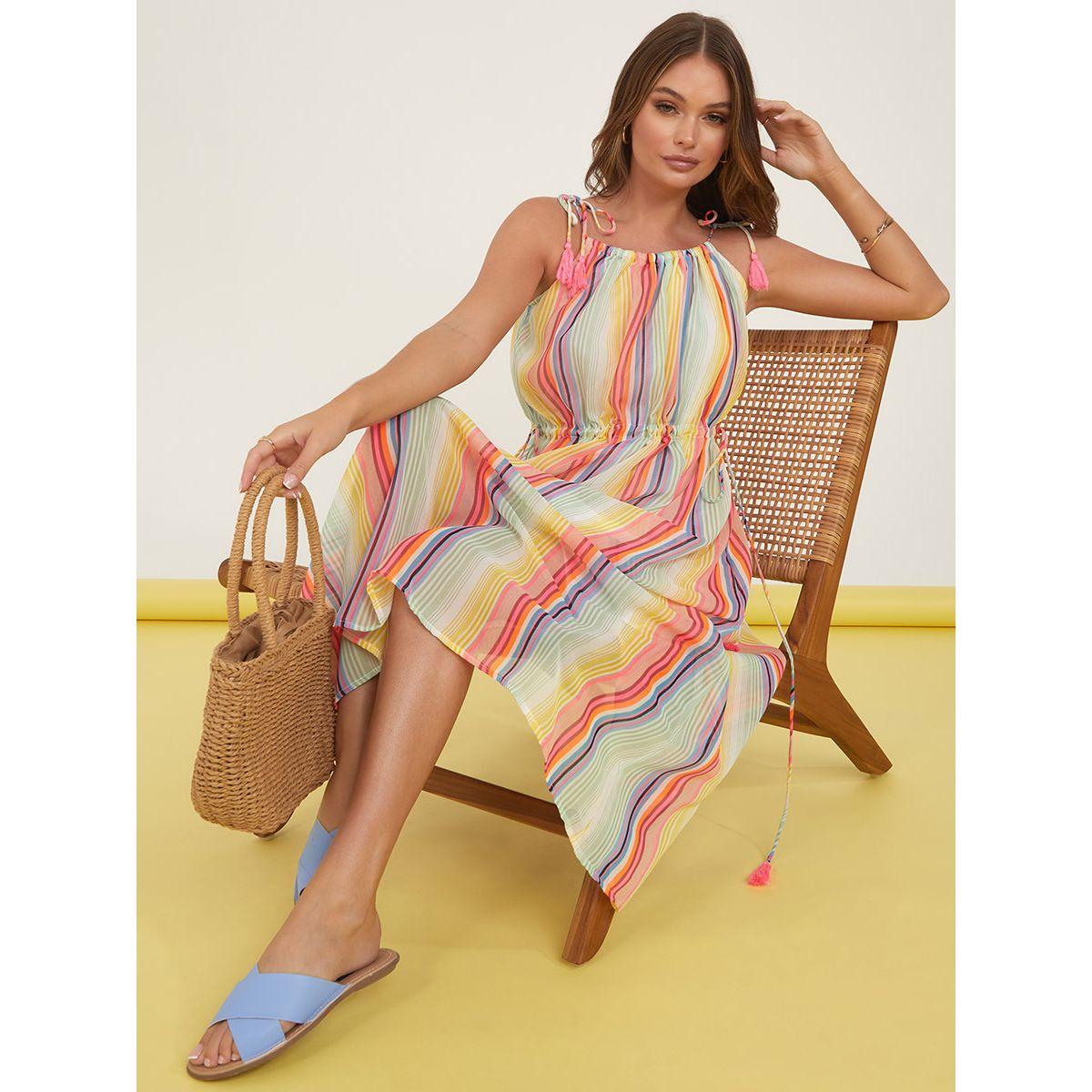 Styli Tie Shoulder Strap Multi Stripe A-Line Midi Dress-women-clothing-dresses-image-1