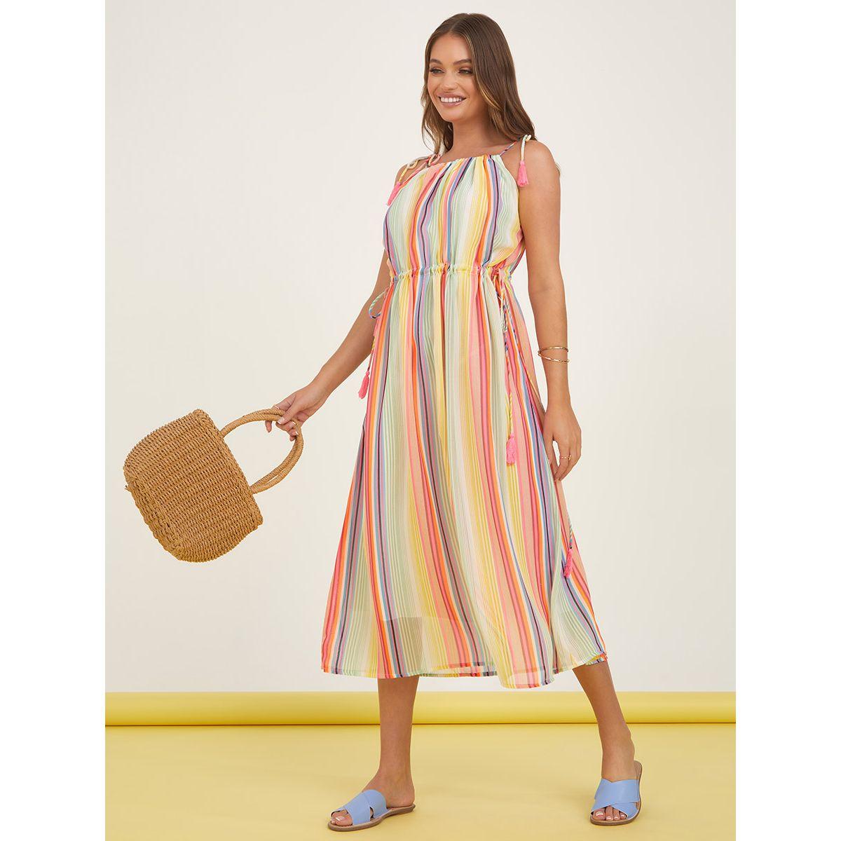 Styli Tie Shoulder Strap Multi Stripe A-Line Midi Dress-women-clothing-dresses-image-2