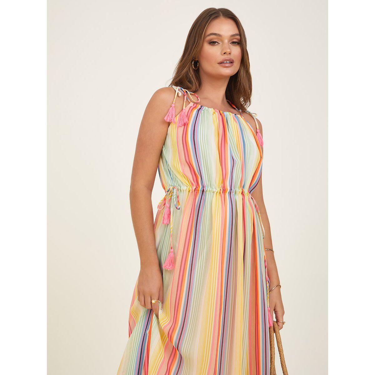 Styli Tie Shoulder Strap Multi Stripe A-Line Midi Dress-women-clothing-dresses-image-3