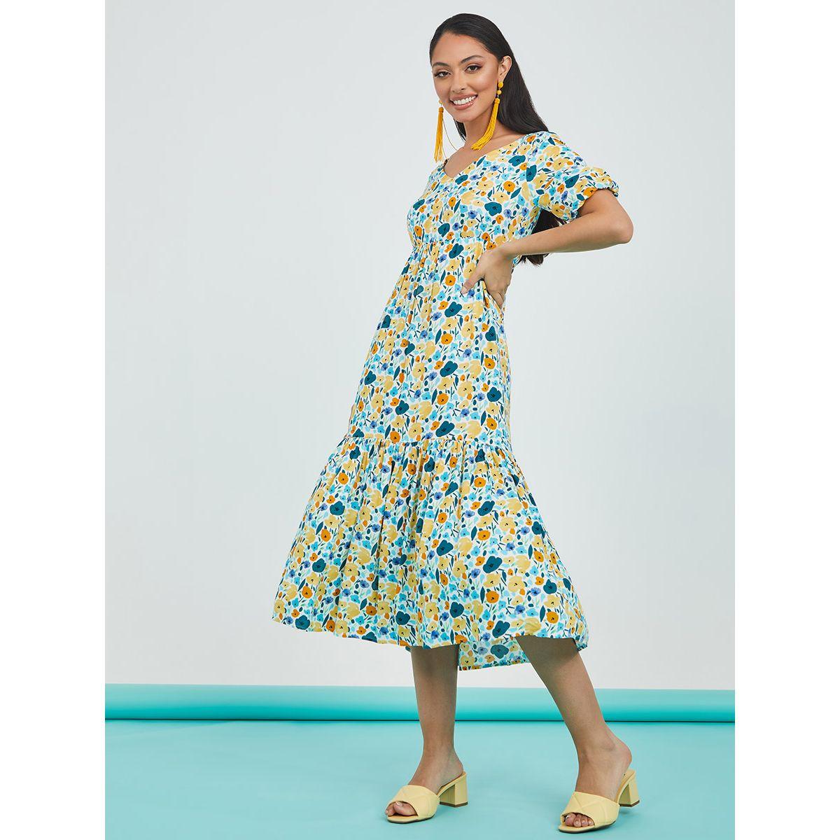 Styli Short Puff Sleeves Floral Print A-Line Midi Dress-women-clothing-dresses-image-2