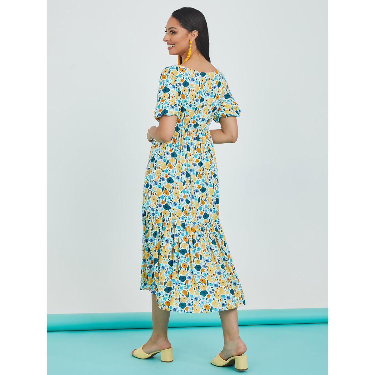 Styli Short Puff Sleeves Floral Print A-Line Midi Dress-women-clothing-dresses-image-4