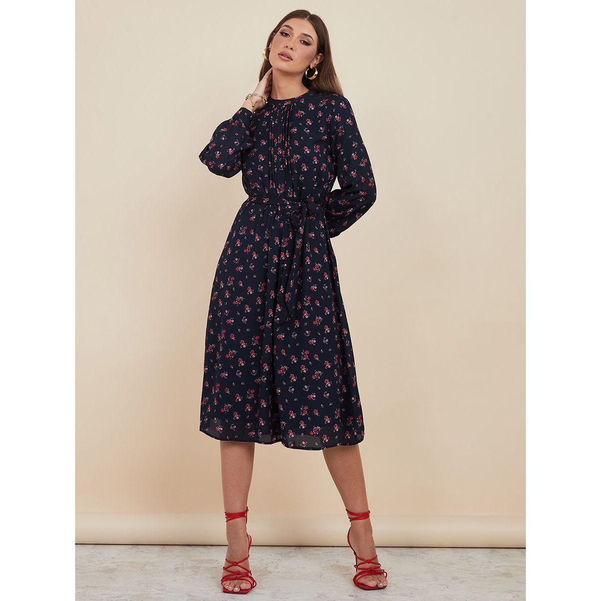 Styli Long Sleeves High Neck Floral Print Midi Dress with Tie Belt-women-clothing-dresses-image-1