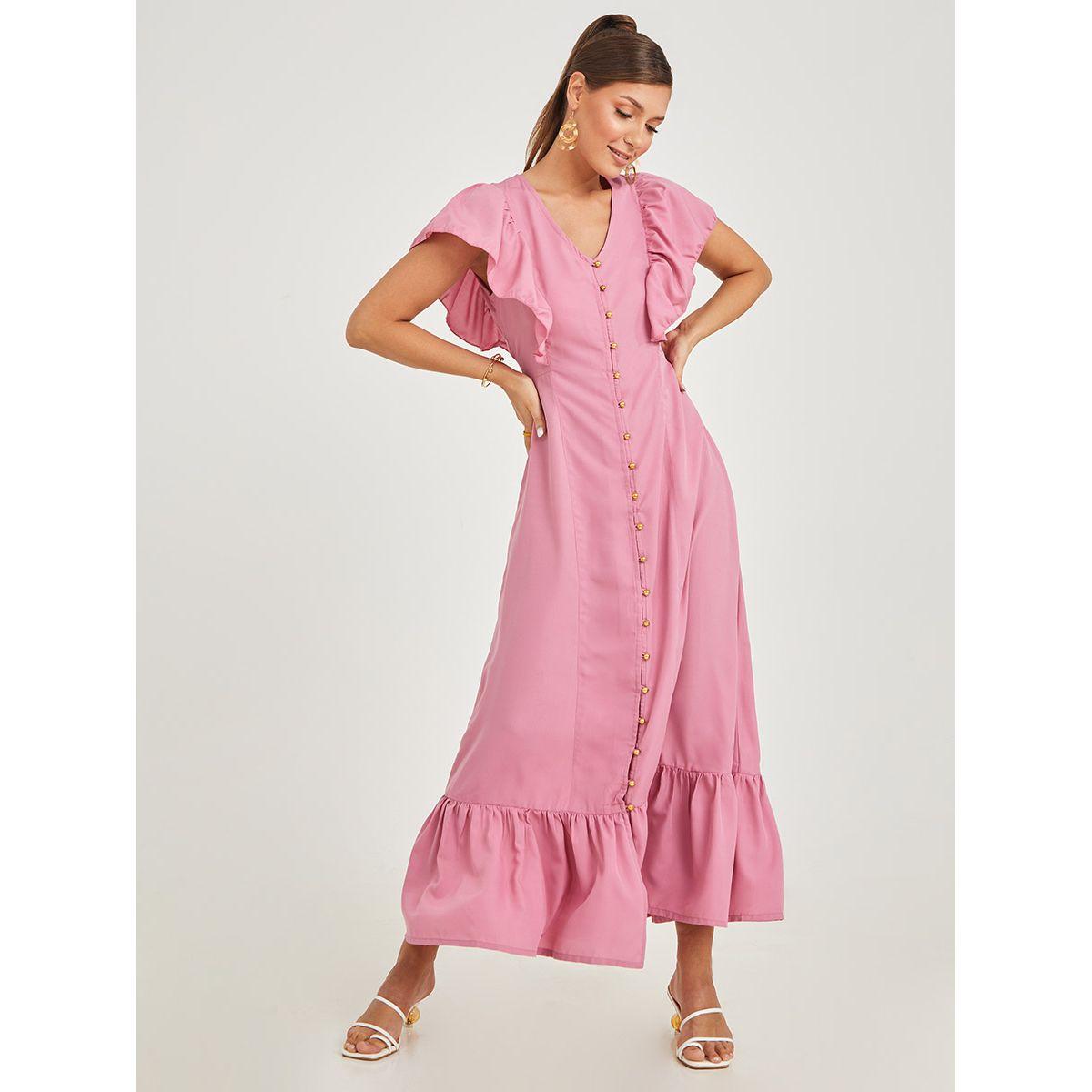 Styli Frill Sleeves Button Detail A-Line Maxi Dress-women-clothing-dresses-image-1