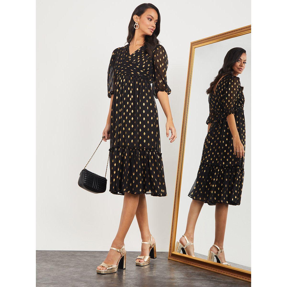 Styli 3/4 Cuffed Sleeves Foil Print A-Line Midi Dress-women-clothing-dresses-image-1