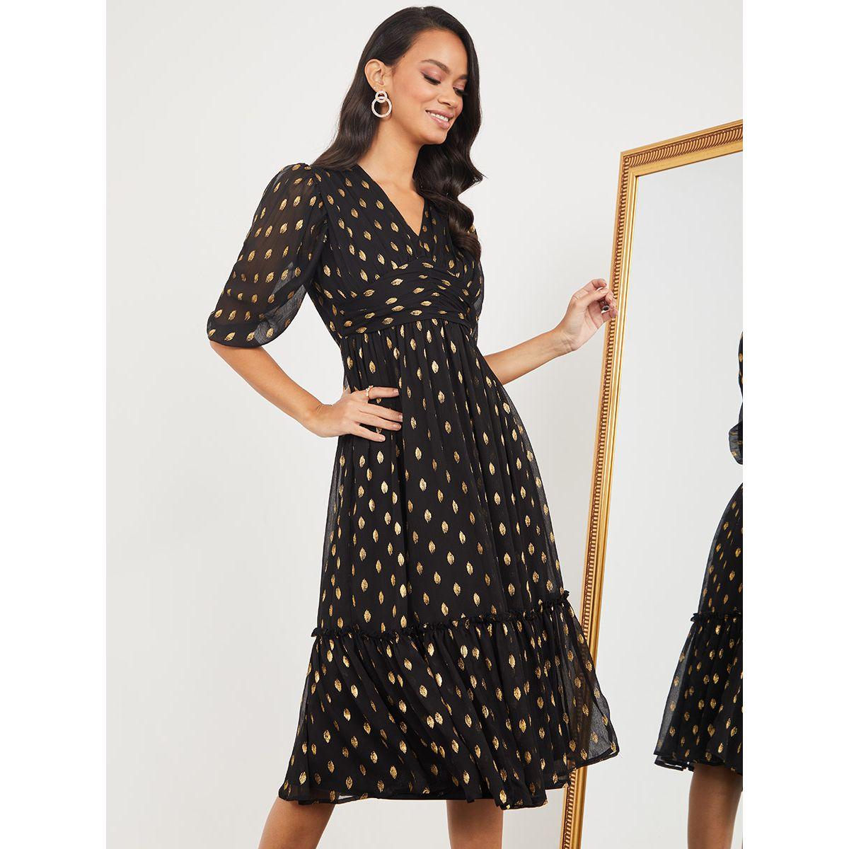 Styli 3/4 Cuffed Sleeves Foil Print A-Line Midi Dress-women-clothing-dresses-image-2