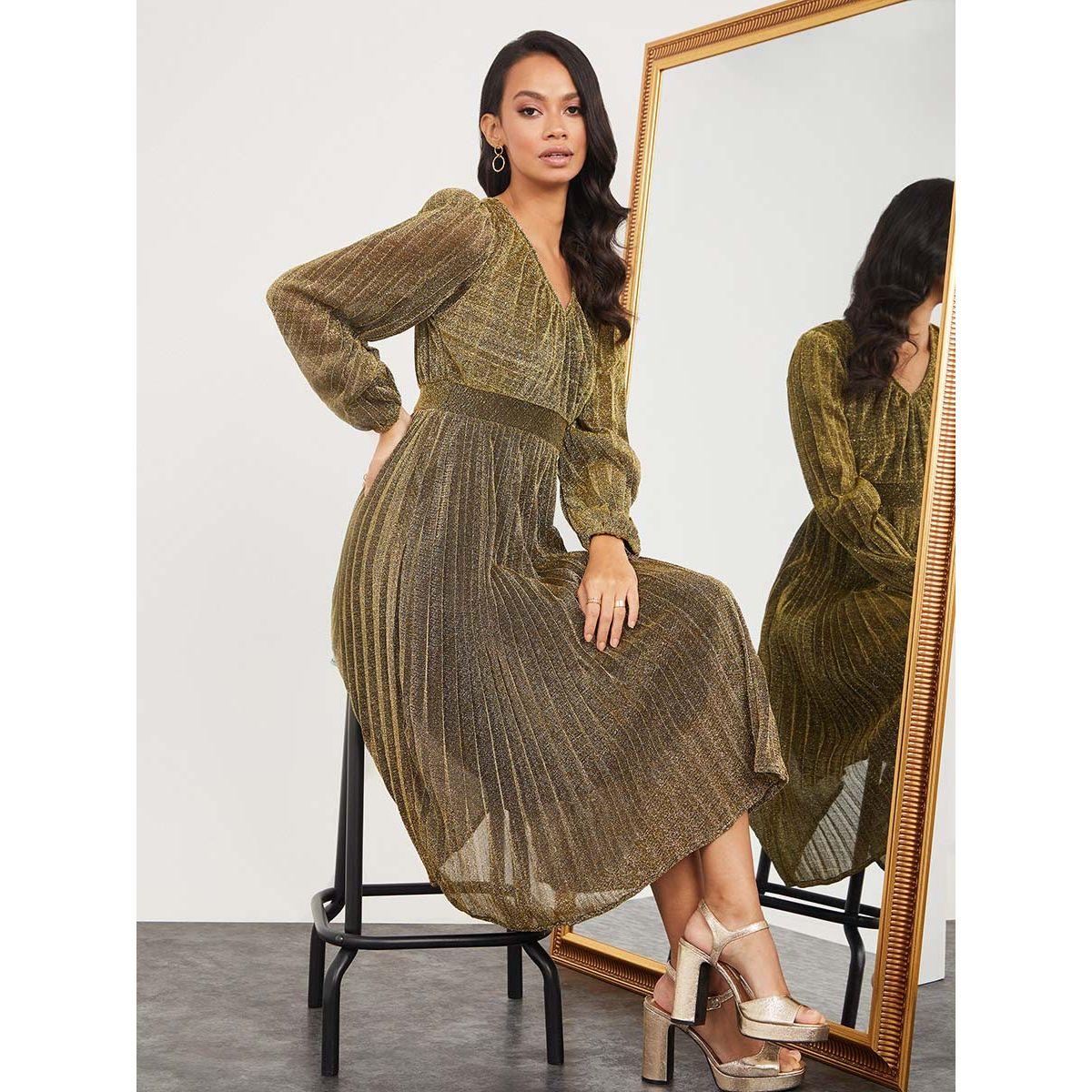 Styli Long Volume Sleeves Self Design Pleated A-Line Midi Dress-women-clothing-dresses-image-1