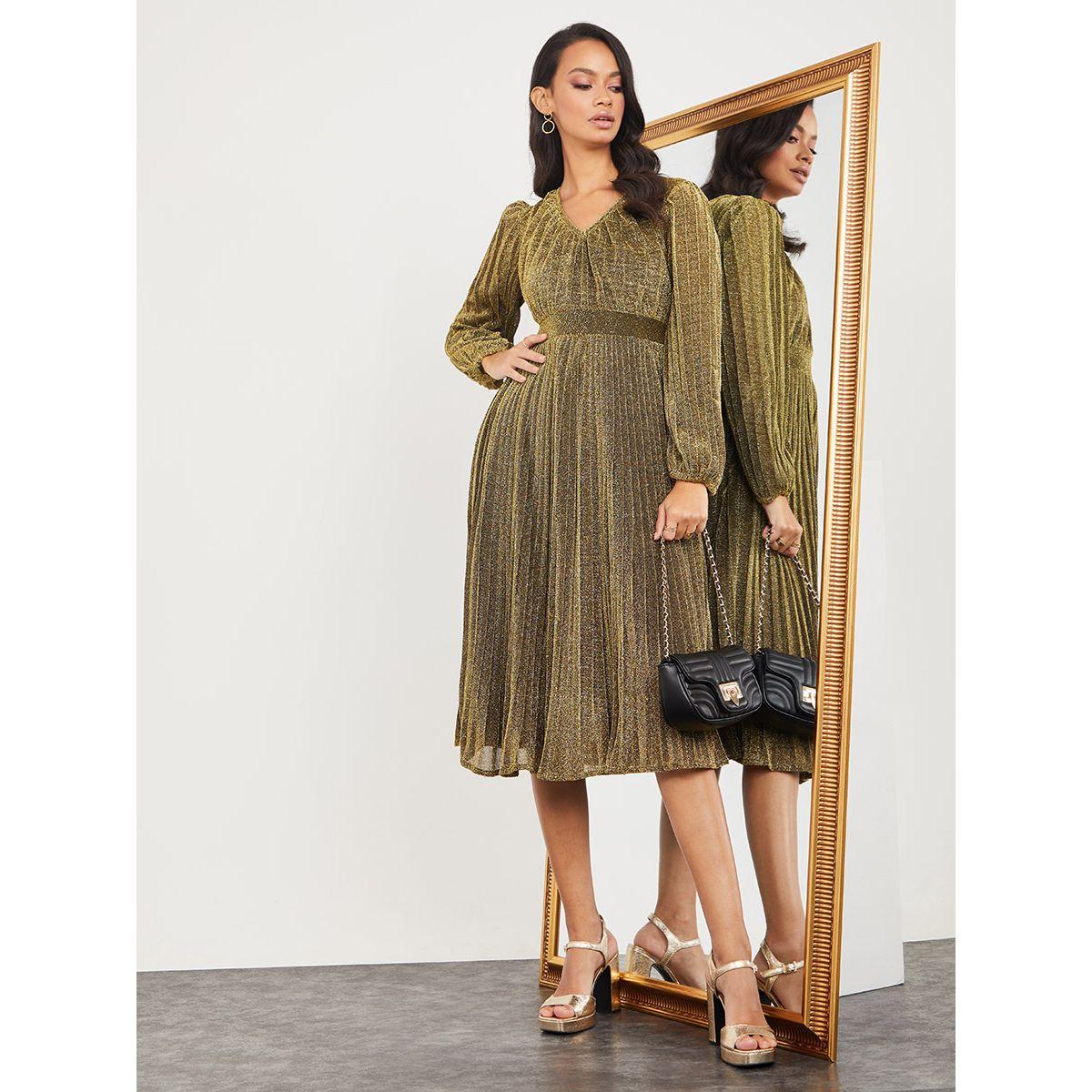 Styli Long Volume Sleeves Self Design Pleated A-Line Midi Dress-women-clothing-dresses-image-2