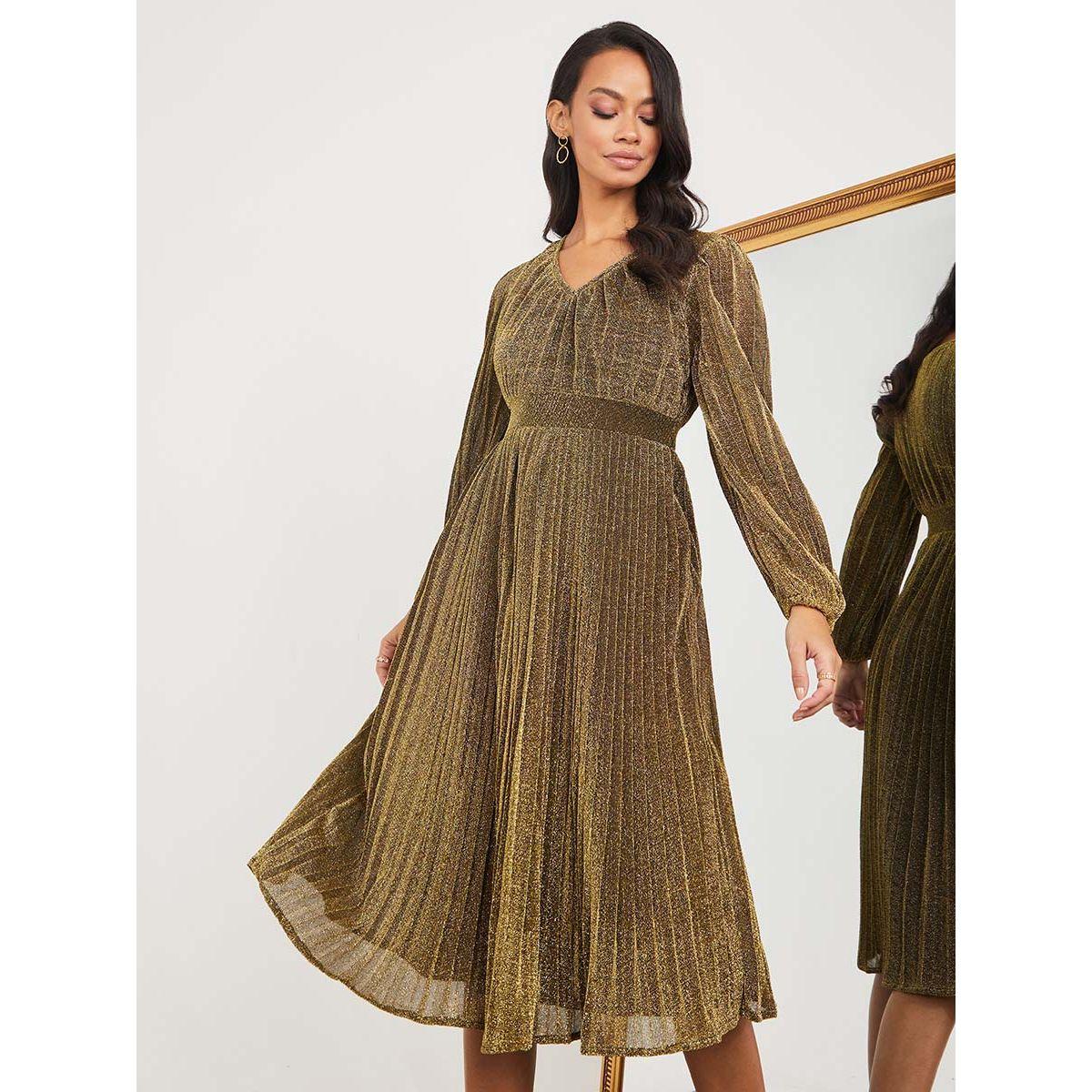 Styli Long Volume Sleeves Self Design Pleated A-Line Midi Dress-women-clothing-dresses-image-3