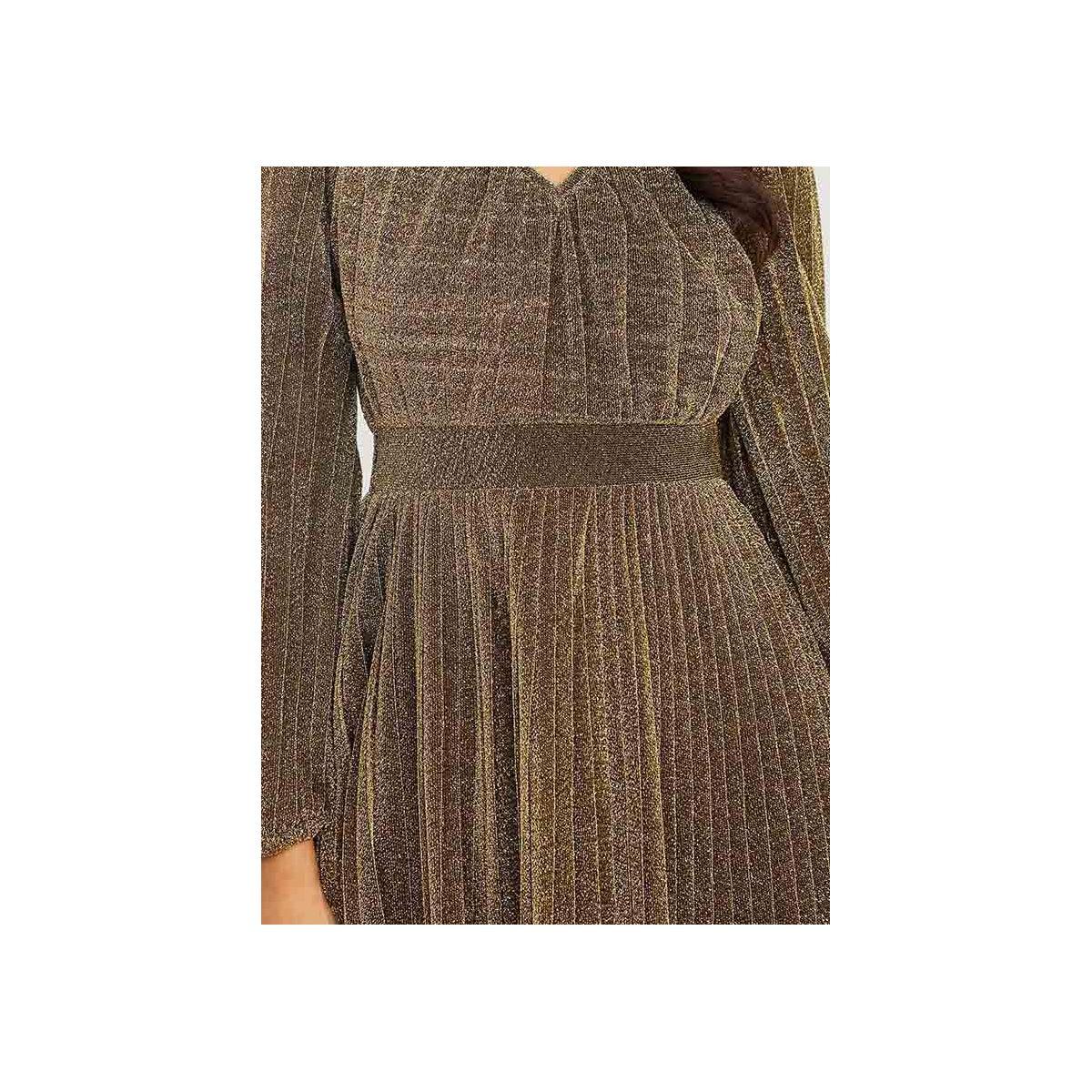 Styli Long Volume Sleeves Self Design Pleated A-Line Midi Dress-women-clothing-dresses-image-4