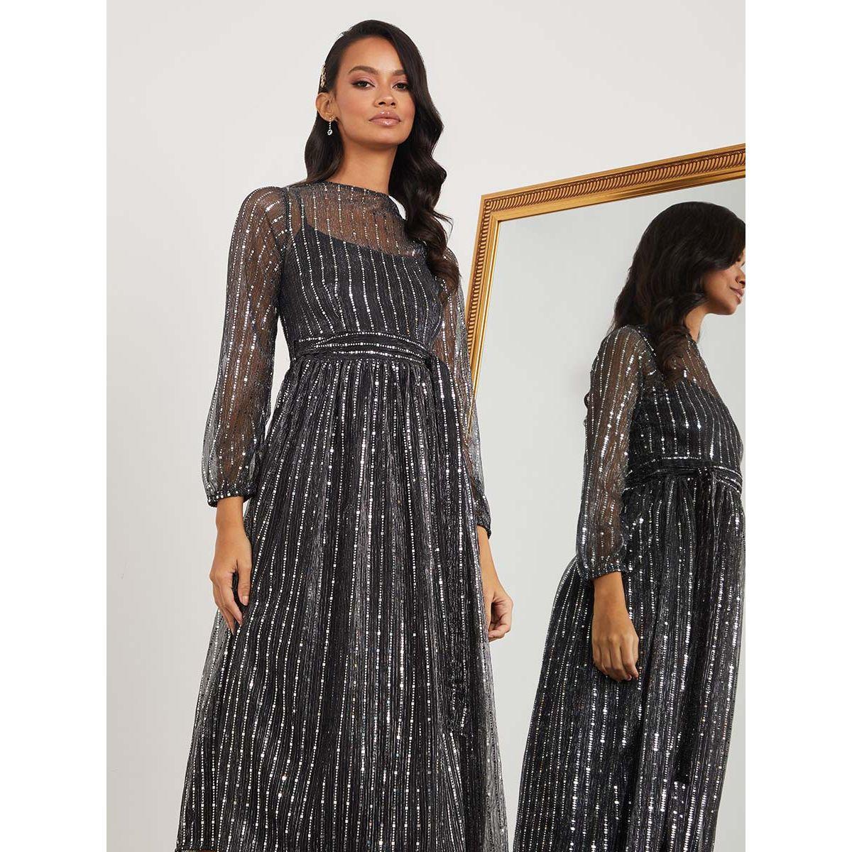 Styli Long Sleeves Embellished A-Line Midi Dress with Tie Belt-women-clothing-dresses-image-2
