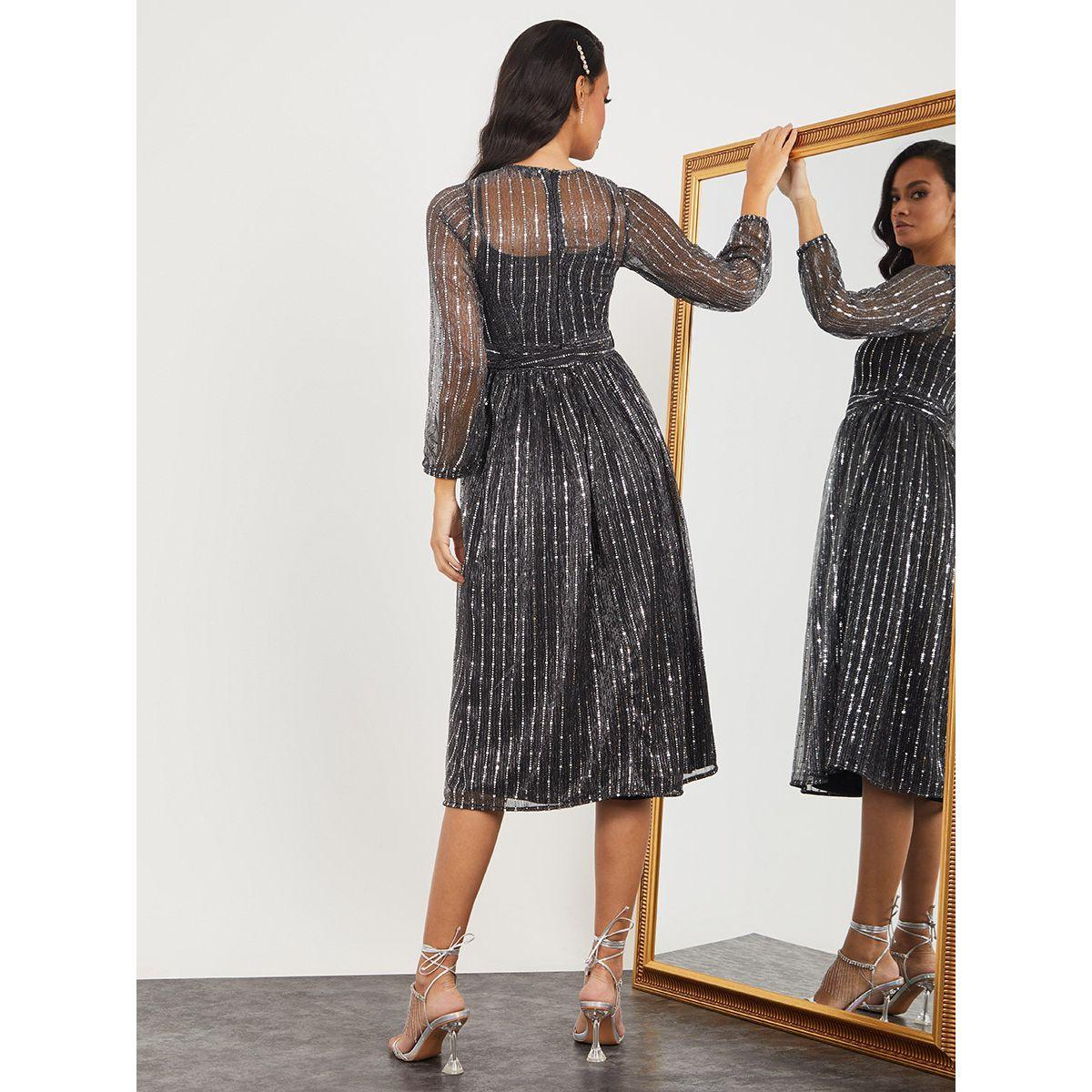 Styli Long Sleeves Embellished A-Line Midi Dress with Tie Belt-women-clothing-dresses-image-4