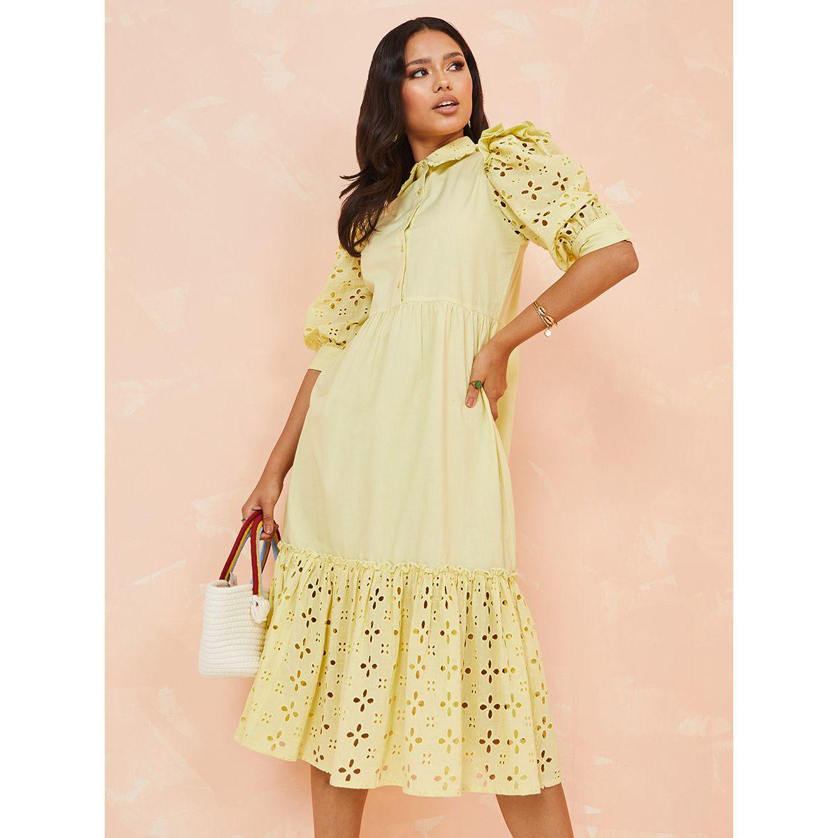 Styli Puff Sleeves Schiffli Detail Cotton Shirt Midi Dress-women-clothing-dresses-image-1