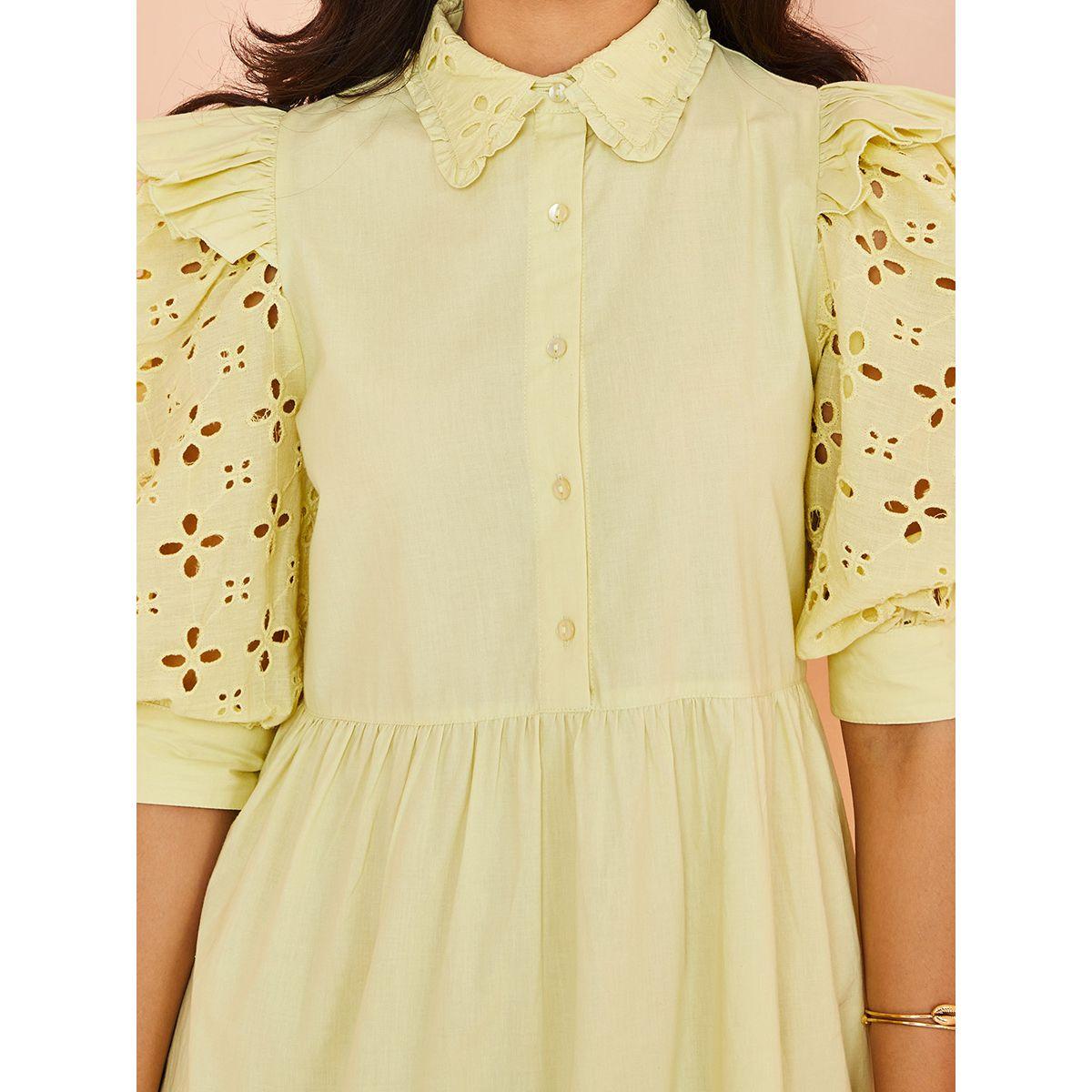 Styli Puff Sleeves Schiffli Detail Cotton Shirt Midi Dress-women-clothing-dresses-image-4