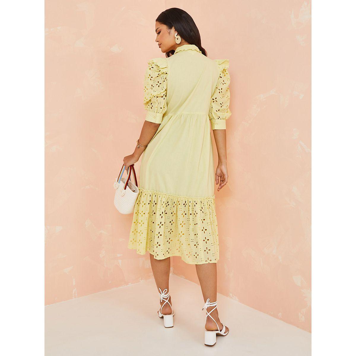 Styli Puff Sleeves Schiffli Detail Cotton Shirt Midi Dress-women-clothing-dresses-image-5