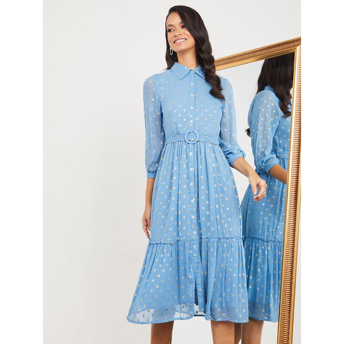 Styli 3/4 Sleeves Foil Print Shirt Midi Dress with Belt-women-clothing-dresses-image-2