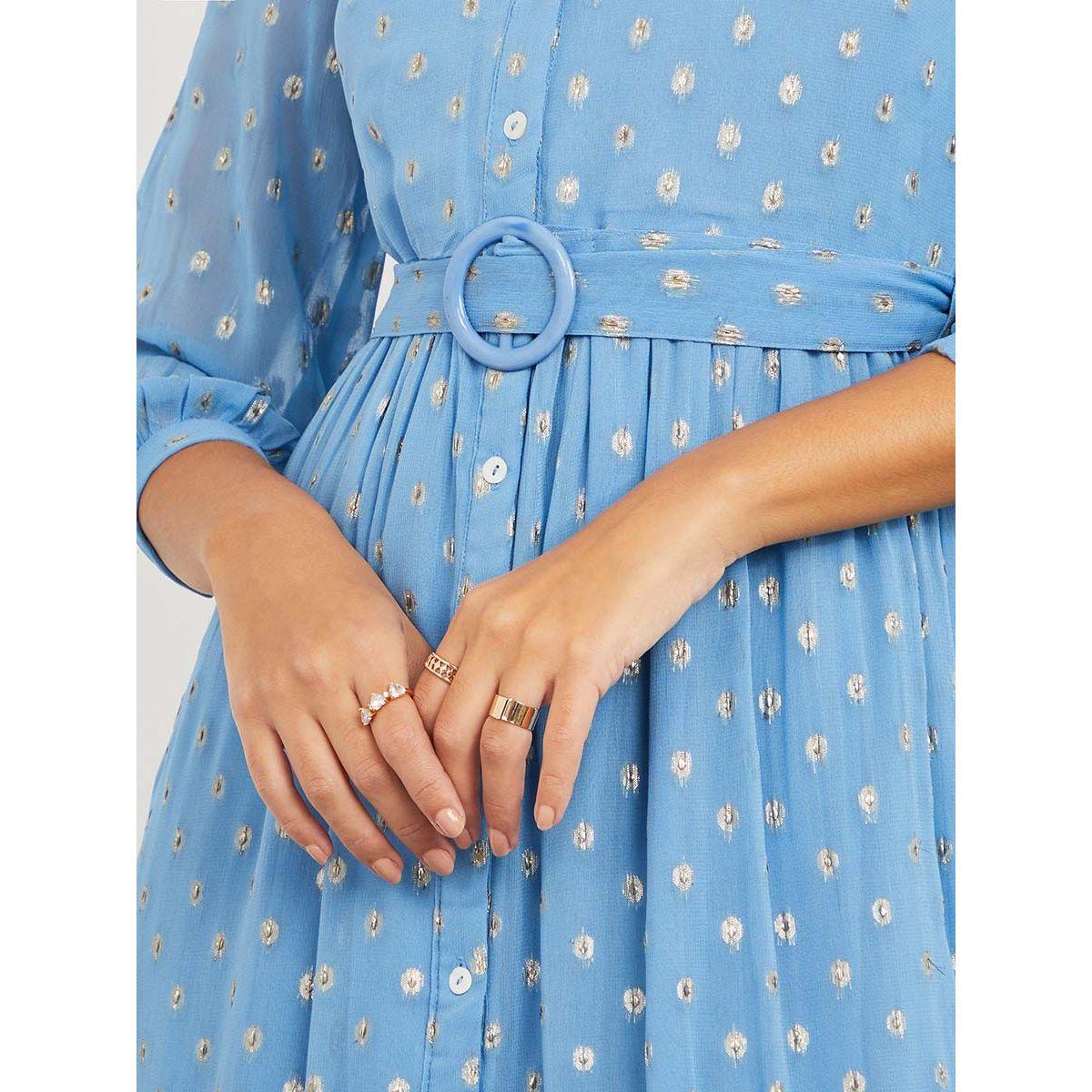 Styli 3/4 Sleeves Foil Print Shirt Midi Dress with Belt-women-clothing-dresses-image-3