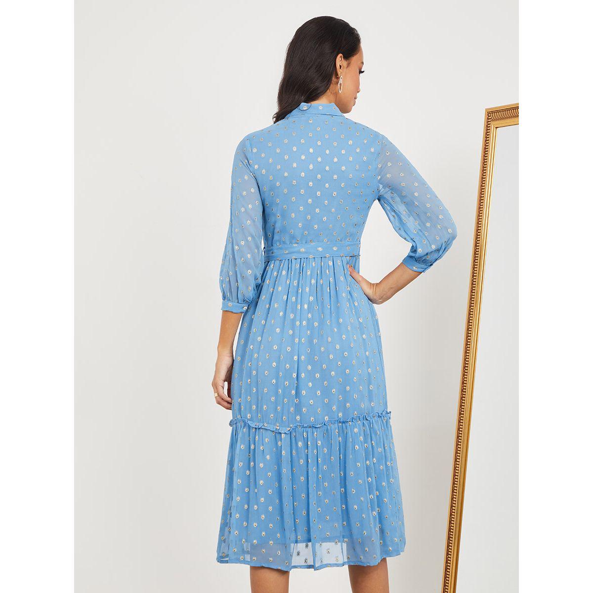 Styli 3/4 Sleeves Foil Print Shirt Midi Dress with Belt-women-clothing-dresses-image-4