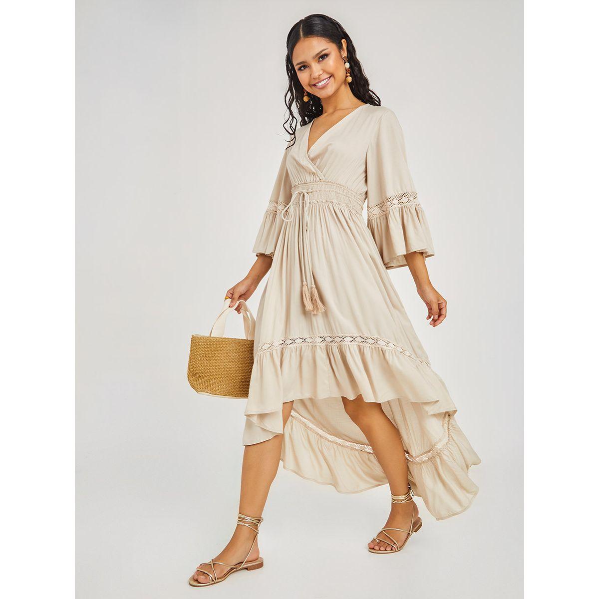 Styli 3/4 Sleeves Crochet Insert Asymmetric Hem Maxi Dress-women-clothing-dresses-image-1