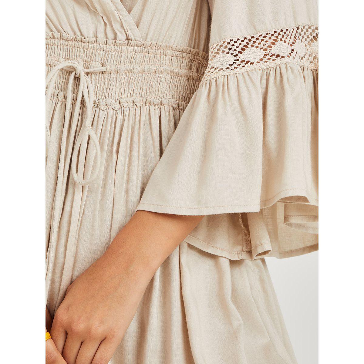 Styli 3/4 Sleeves Crochet Insert Asymmetric Hem Maxi Dress-women-clothing-dresses-image-3