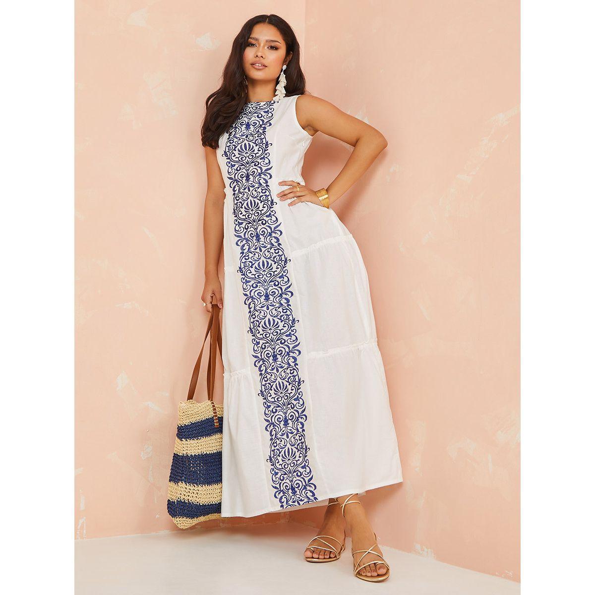 Styli Sleeveless Embroidered Damask Tiered Maxi Dress-women-clothing-dresses-image-1