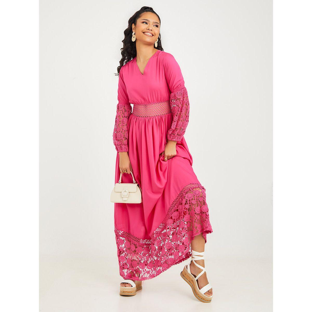 Styli Long Sleeves Floral Crochet Insert A-Line Maxi Dress-women-clothing-dresses-image-2