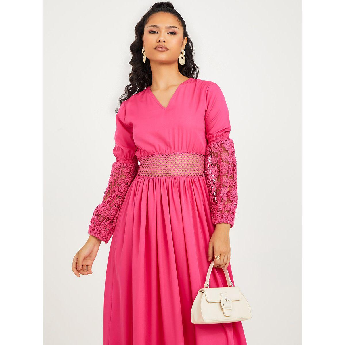 Styli Long Sleeves Floral Crochet Insert A-Line Maxi Dress-women-clothing-dresses-image-3