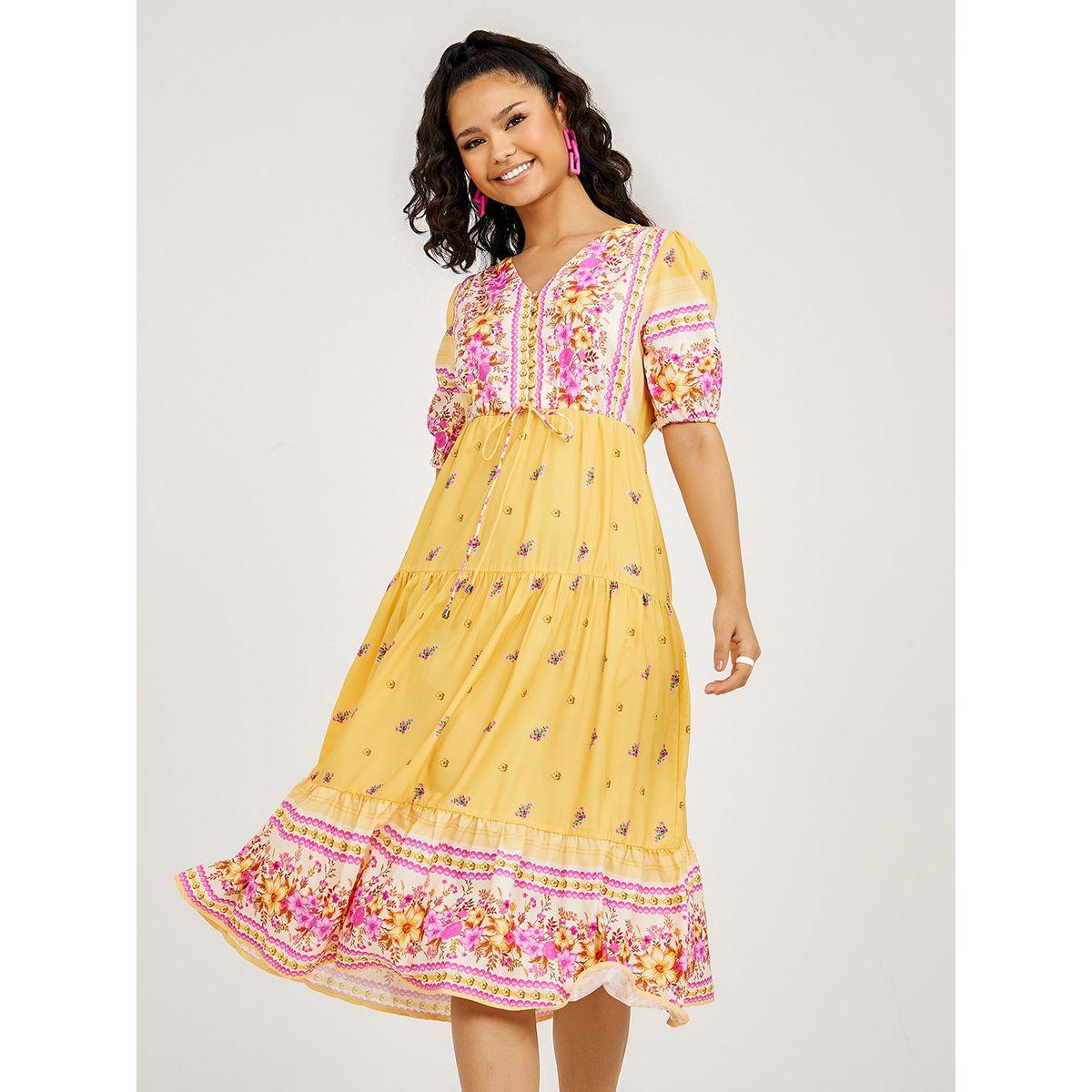 Styli Cuffed Sleeves Floral Border Print A-Line Midi Dress-women-clothing-dresses-image-1