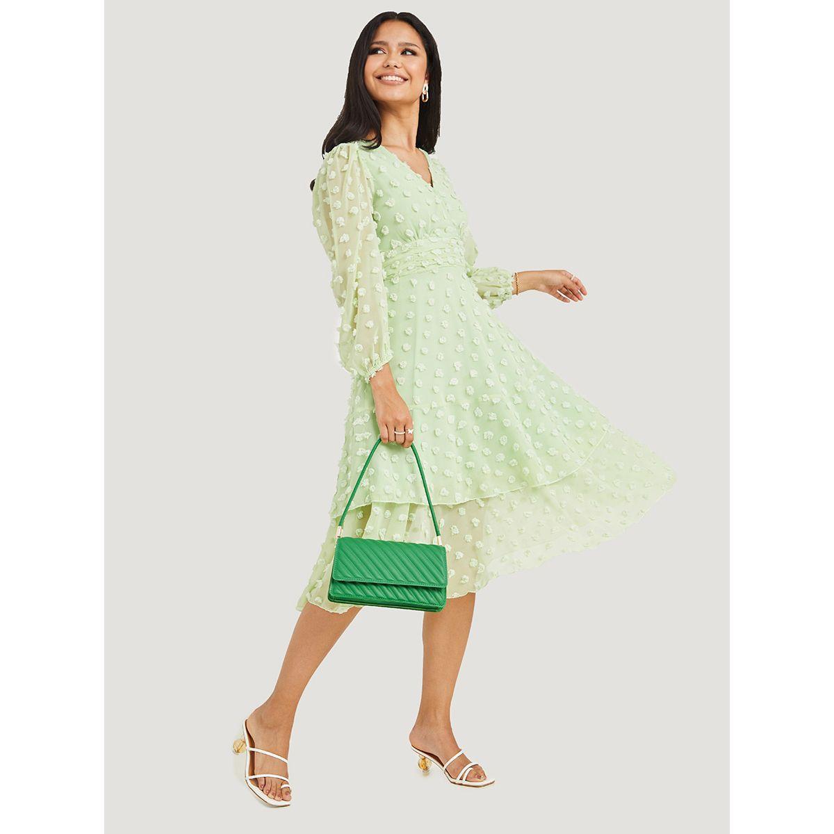 Styli Long Sheer Sleeves Dobby Wrap Front Midi Dress-women-clothing-dresses-image-1
